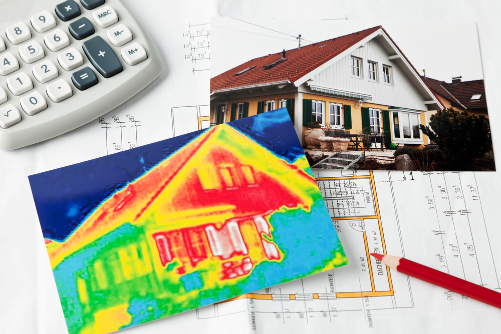 View of a desk with picture of a house and blue print next to a caclulator